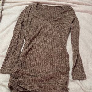 Brown Ribbed Knit Dress